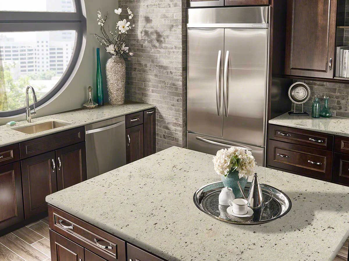 A photo of Colonial White granite countertops in a Milwaukee kitchen. The countertops are a beautiful blend of white, grey, and black veins.