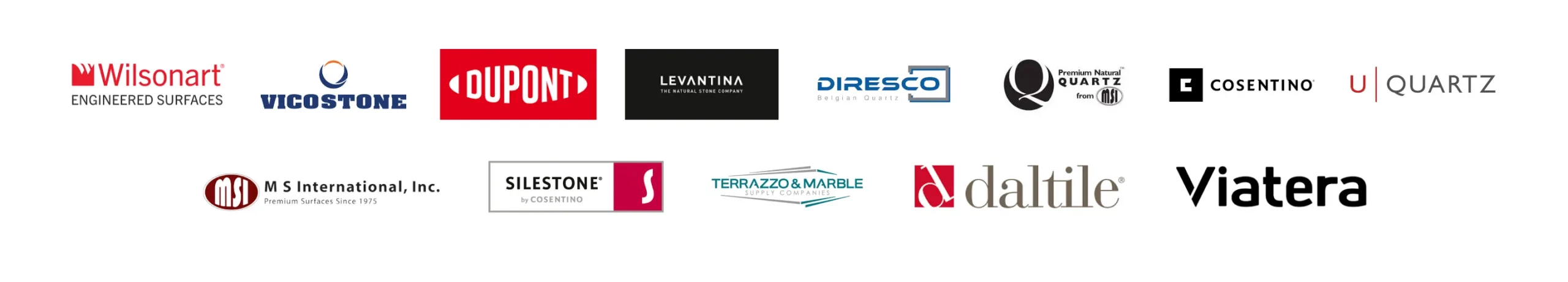 A collage of logos for popular countertop brands. The logos include Caesarstone, Cambria, Silestone, LG Viatera, Corian, HanStone, MSI Q Quartz, and Polarstone.