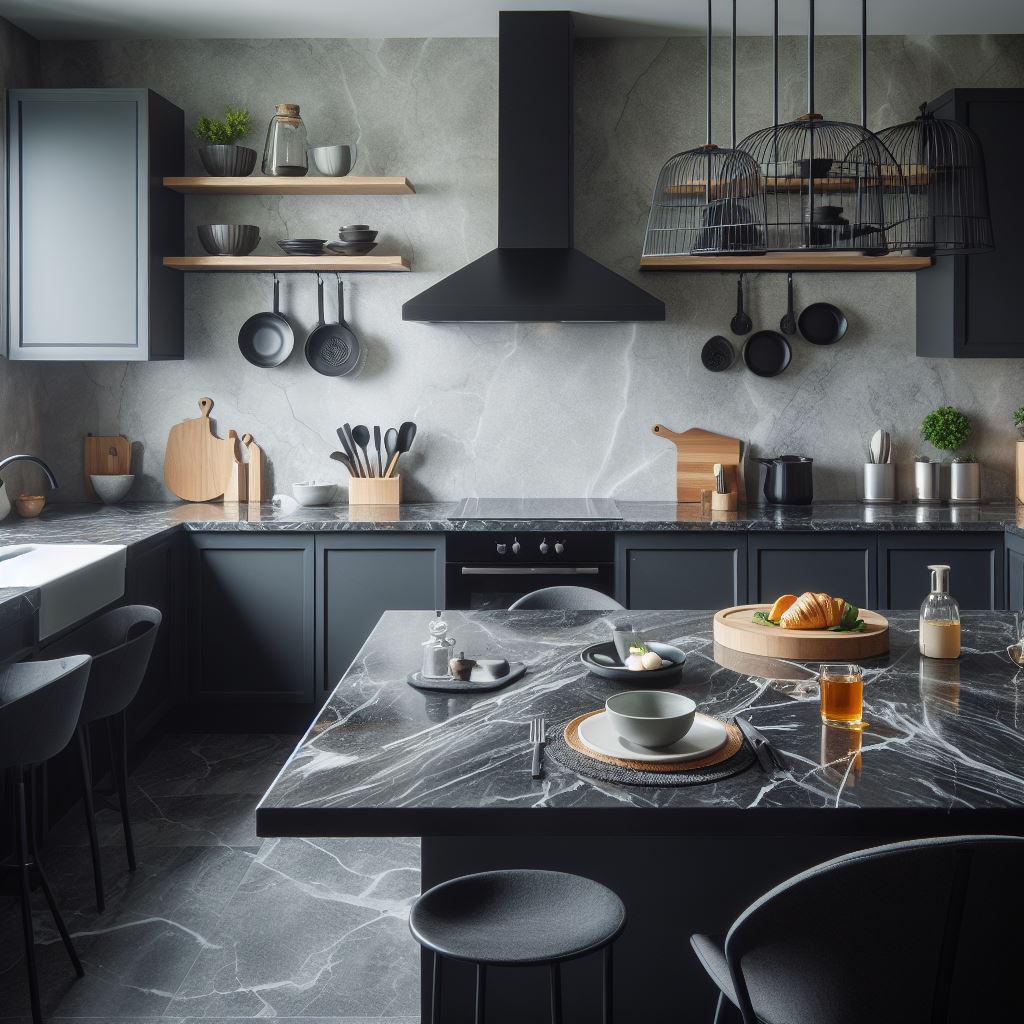 Black marble kitchen countertops in Oak Creek, Milwaukee, Wisconsin