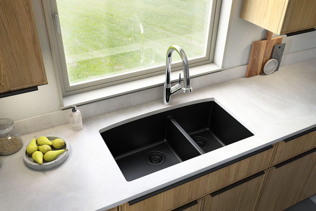 black quartz double bowl undermount sink in Oak Creek, Milwaukee, Wisconsin