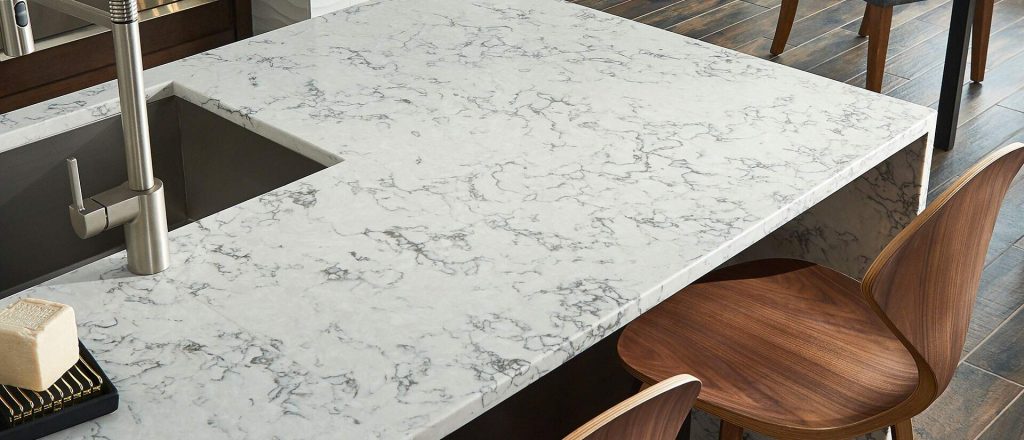 white quartz with black veins Countertops at Badger Granite Store in oak Creek, Milwaukee, Wisconsin