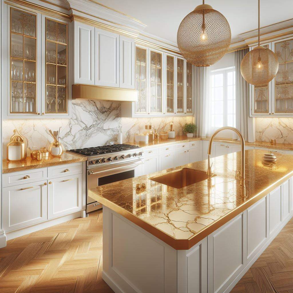 Gold quartz countertops with white cabinets in Oak Creek, Milwaukee, Wisconsin