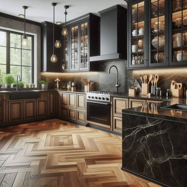 Quartz Countertops & Brown Cabinets Design