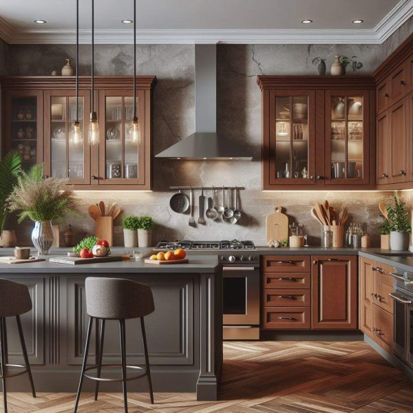 Quartz Countertops & Brown Cabinets Design