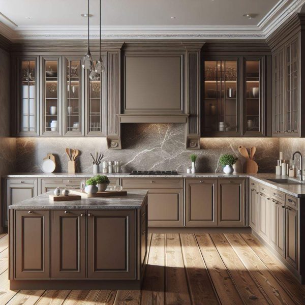 Warm Harmony: Grey Granite with Brown Cabinets Designs