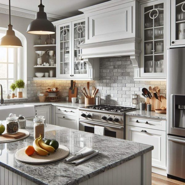 Timeless Elegance: Grey Granite & White Cabinets Designs