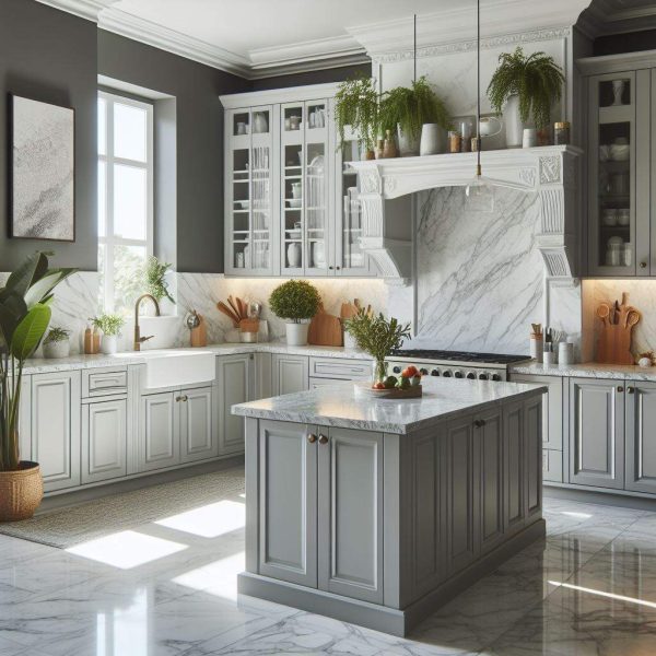 White Granite Worktops Harmony with Stylish Grey Cabinets