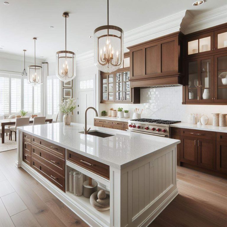 Quartz Countertops & Brown Cabinets Design