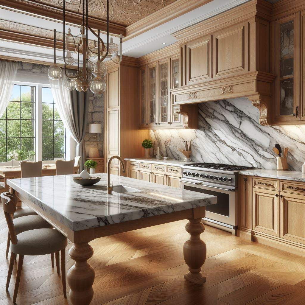 White marble countertops with wood kitchen cabinets in Oak Creek, Milwaukee, Wisconsin