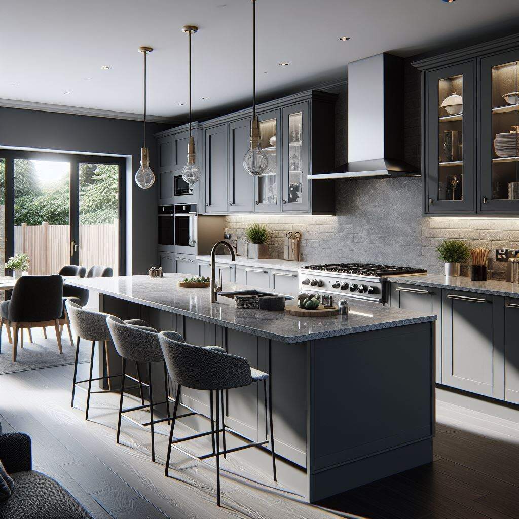 grey quartz countertops with black cabinets in Milwaukee, Wisconsin