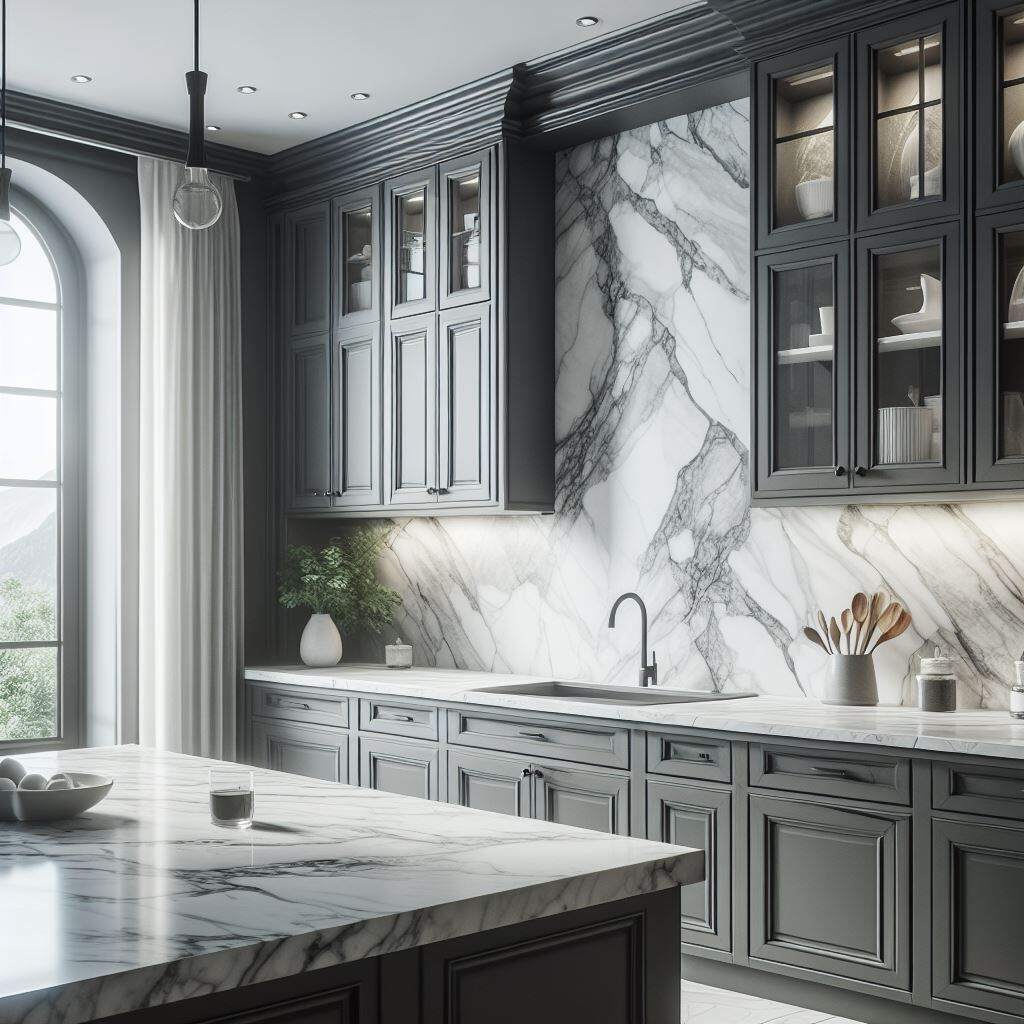 white marble countertops with dark kitchen cabinets in Oak Creek, Milwaukee, Wisconsin