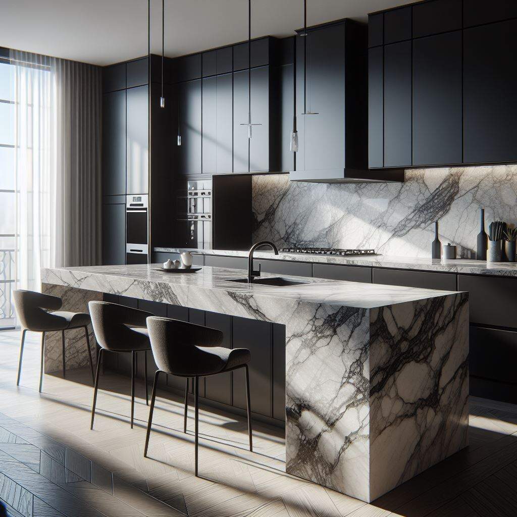 White quartzite countertops with black cabinets in Milwaukee, Wisconsin